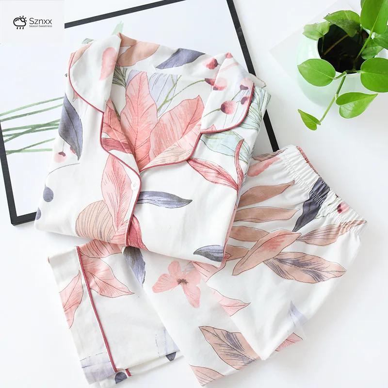 Floral Cotton Lapel Pajama Set For Women
