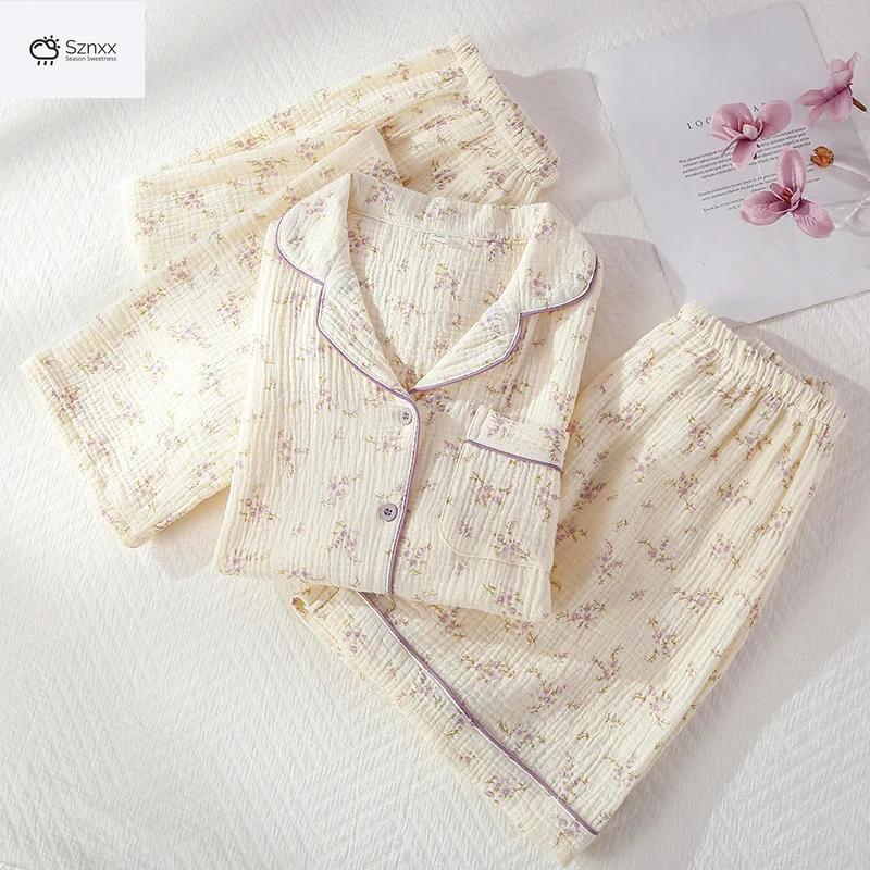 Womens Breathable Cotton Crepe Three-piece Pajama Set