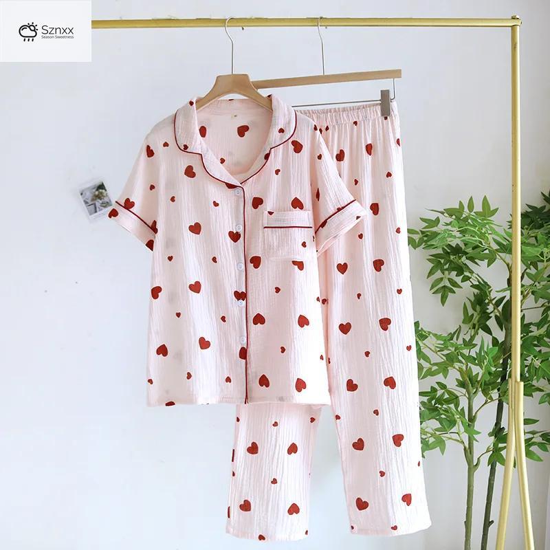 Womens Cotton Crepe Short Sleeve Pajama Lounge Set