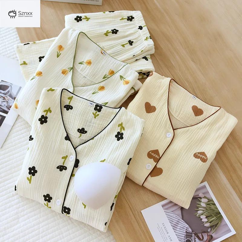 Floral Crepe Cotton Long-sleeve Pajama Set With Chest Pad