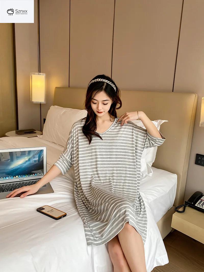 Striped Modal Short-sleeve Nightgown With Skirt Hem