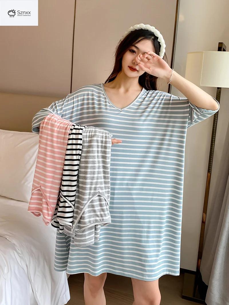 Striped Modal Short-sleeve Nightgown With Skirt Hem