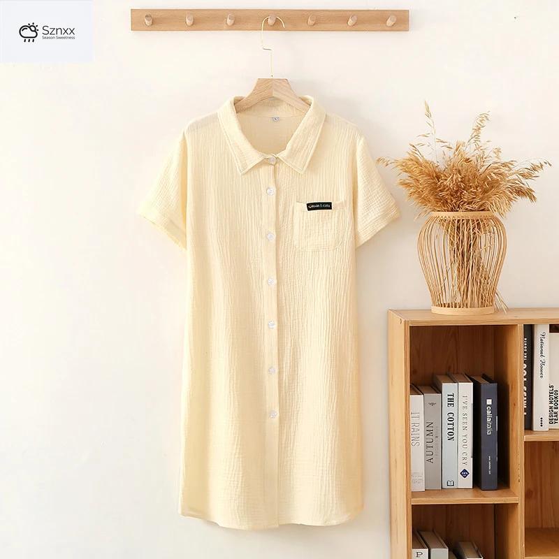 Womens Cotton Crepe Button-down Sleep Dress