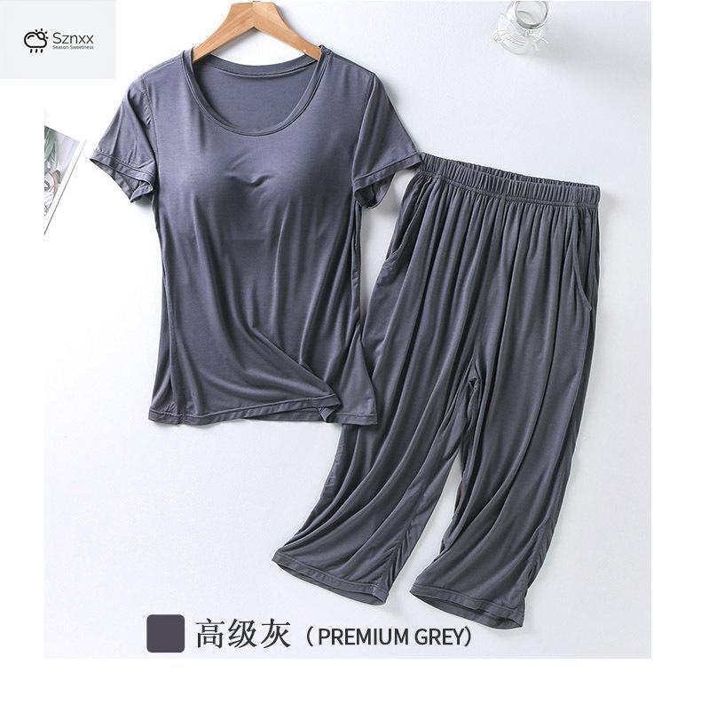 Soft Modal Pajama Set With Chest Pad Cropped Trousers
