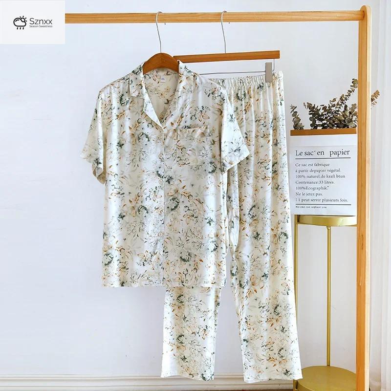 Soft Viscose Short-sleeve Pajama Set With Breathable Lounge Pants