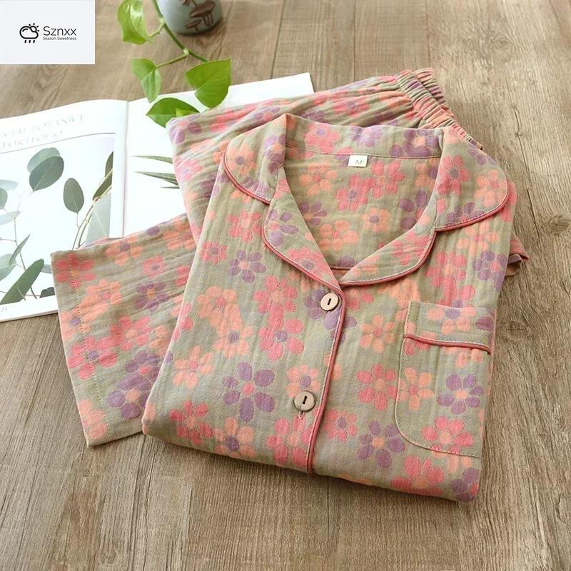 Floral Crepe Cotton Long-sleeve Pajama Lounge Set
