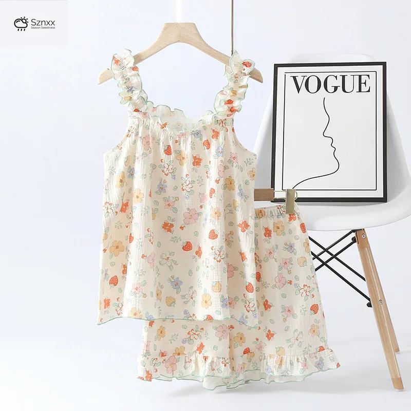 Sweet Floral Cotton Crepe Sling Pajama Set
