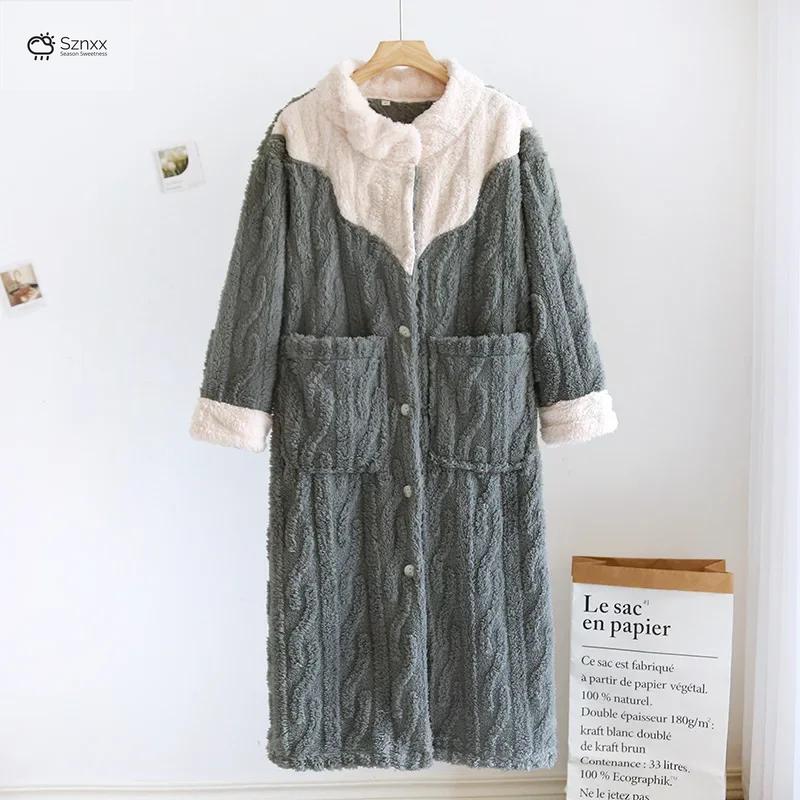 Womens Thickened Coral Fleece Long Bathrobe Nightgown