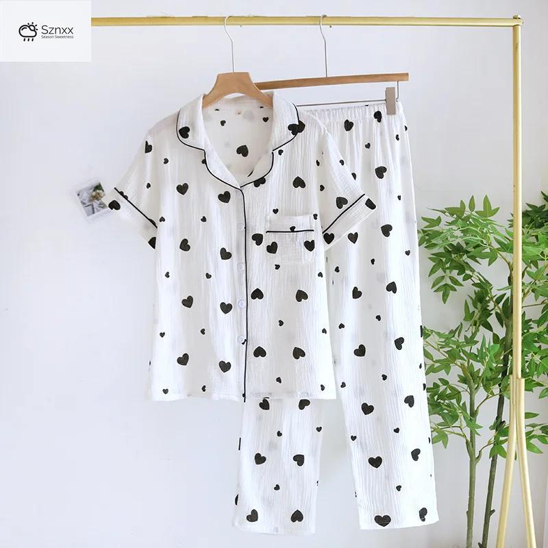 Womens Cotton Crepe Short Sleeve Pajama Lounge Set