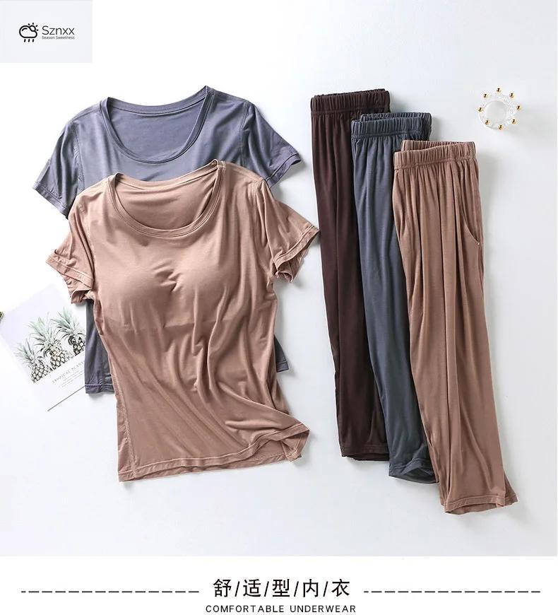 Soft Modal Pajama Set With Chest Pad Cropped Trousers