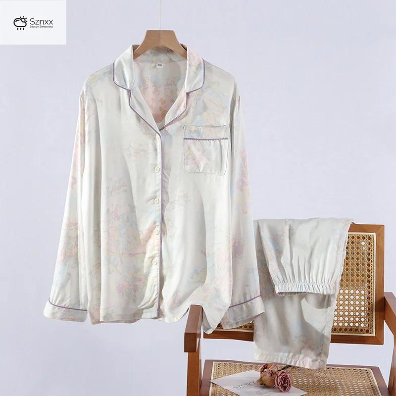 Womens Floral Viscose Long Sleeve Pajama Lounge Set