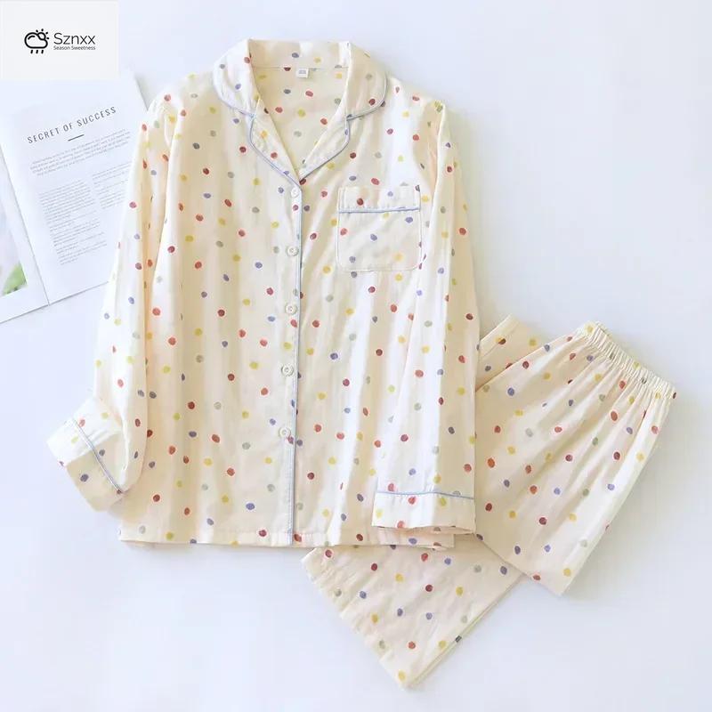 Womens Cotton Polka Dot Long Sleeve Pajama Set