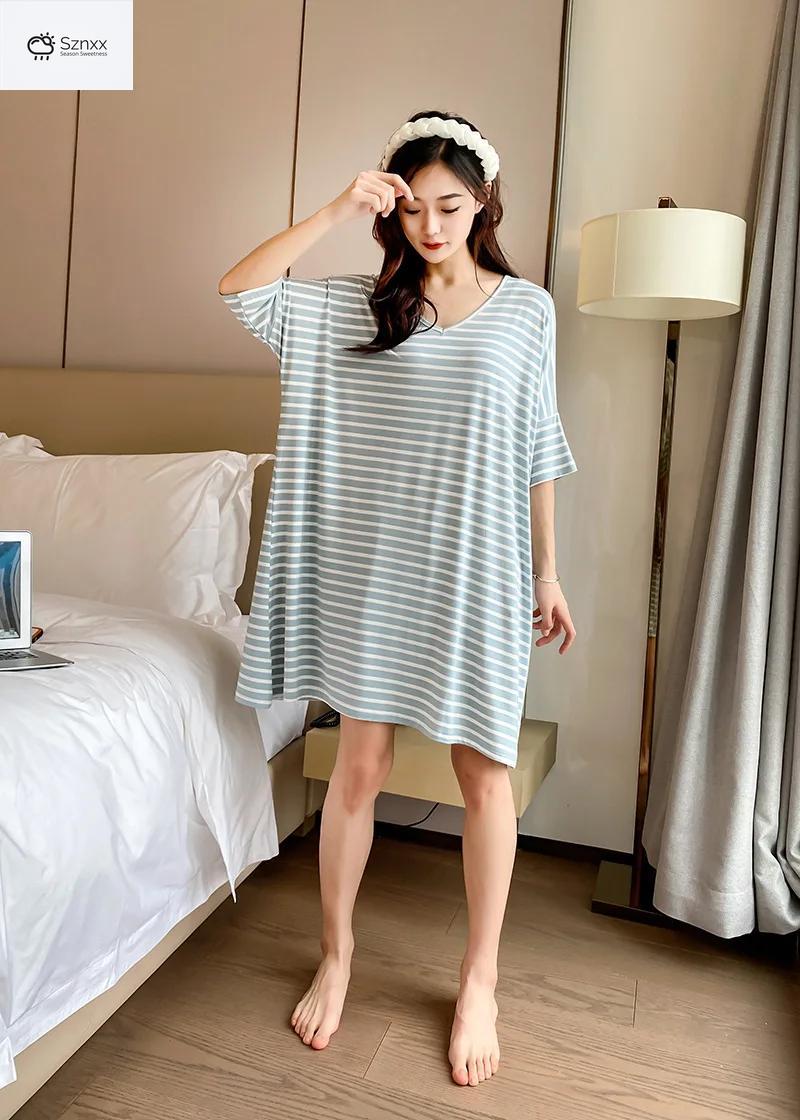 Striped Modal Short-sleeve Nightgown With Skirt Hem