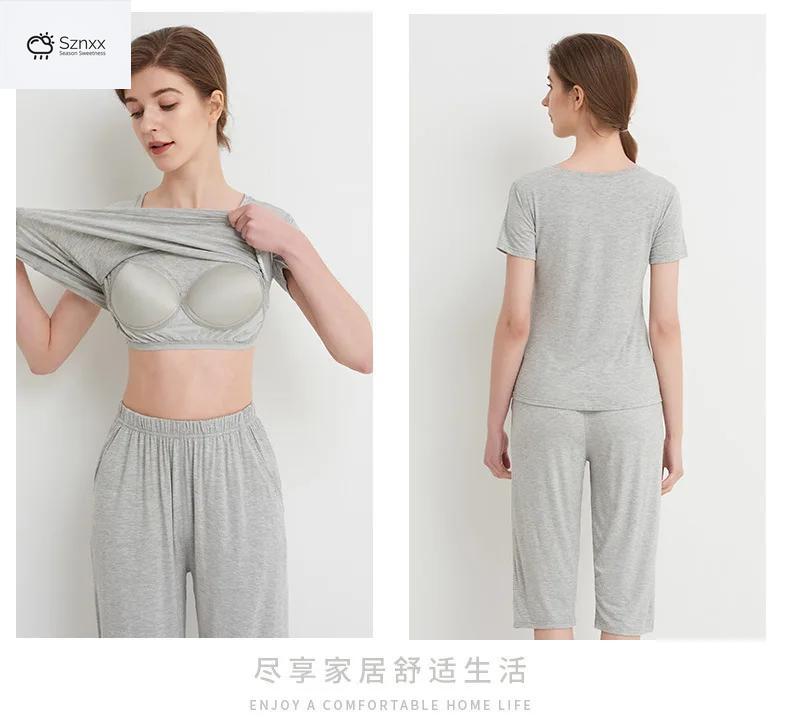 Soft Modal Pajama Set With Chest Pad Cropped Trousers