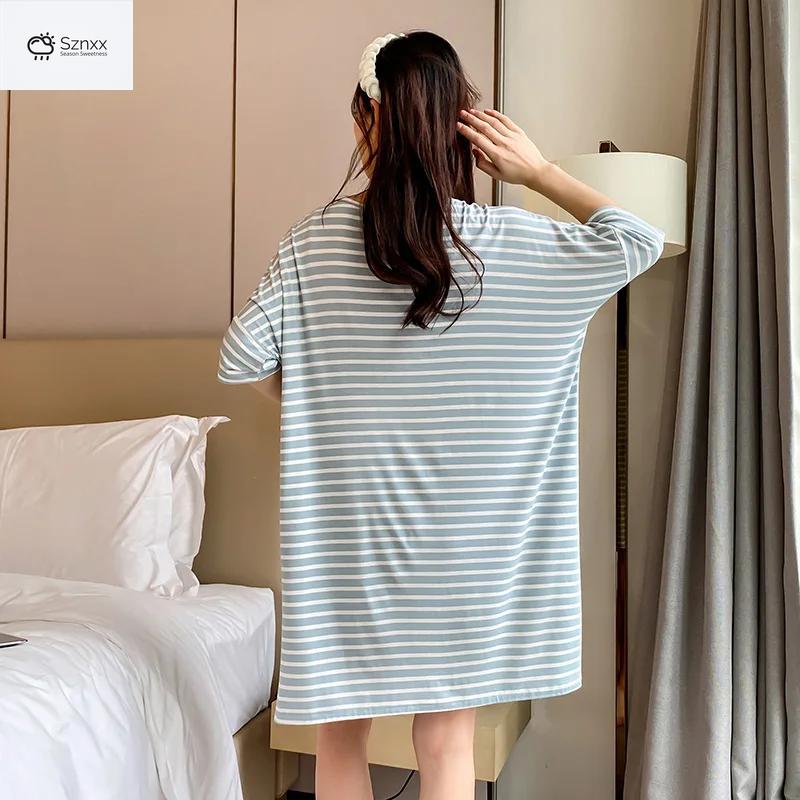 Striped Modal Short-sleeve Nightgown With Skirt Hem