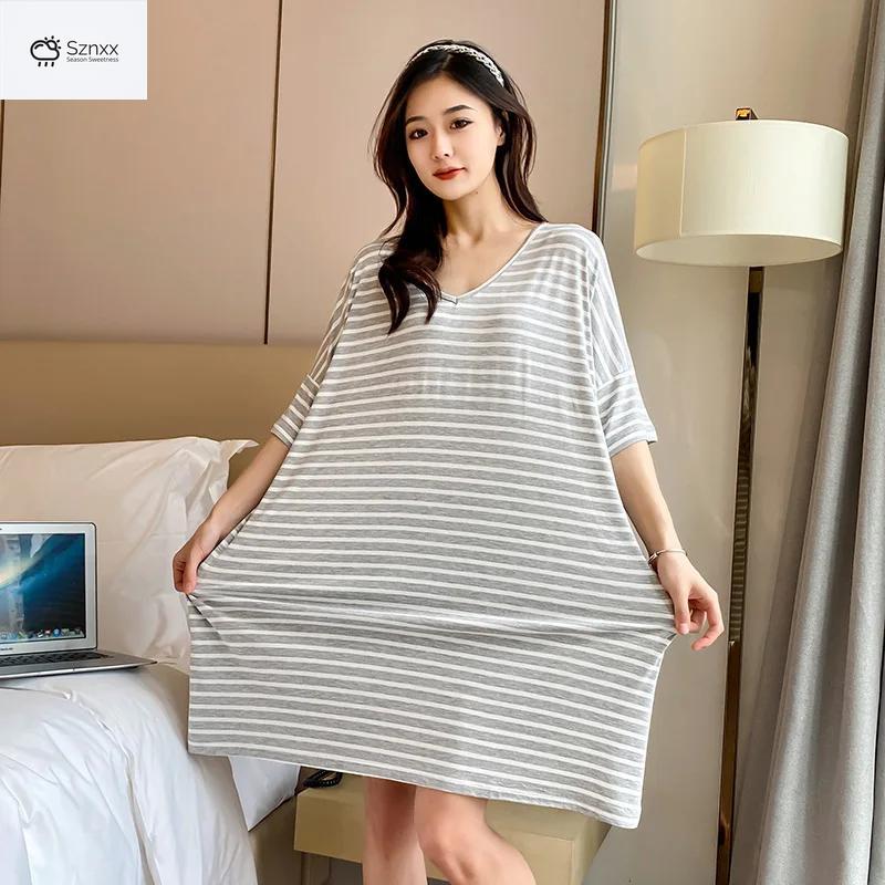 Striped Modal Short-sleeve Nightgown With Skirt Hem
