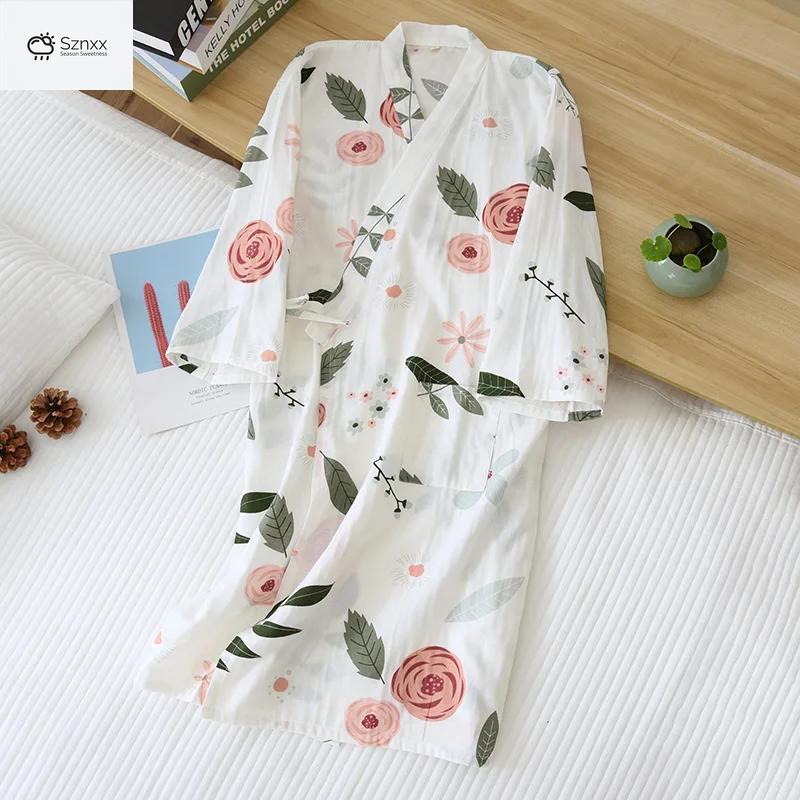 Japanese Cotton Floral Kimono Nightgown Summer Bathrobe
