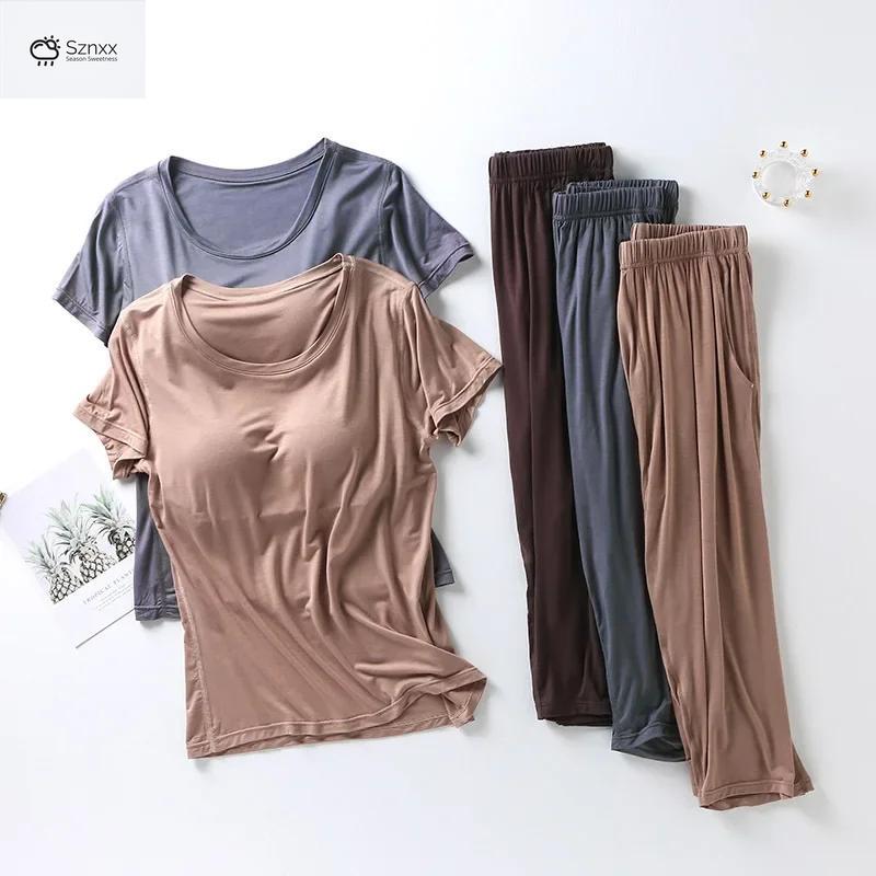Soft Modal Pajama Set With Chest Pad Cropped Trousers
