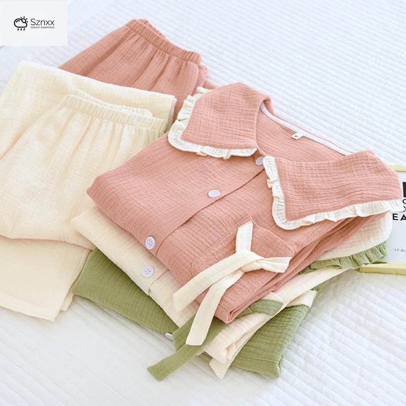 Soft Cotton Crepe Long-sleeve Pajama Lounge Set