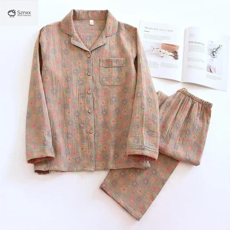 Floral Crepe Cotton Long-sleeve Pajama Lounge Set