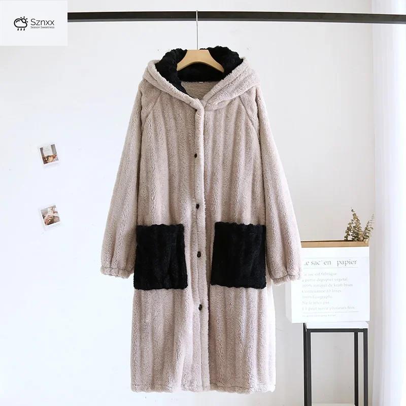 Thickened Flannel Couples Long Bathrobe Nightgown
