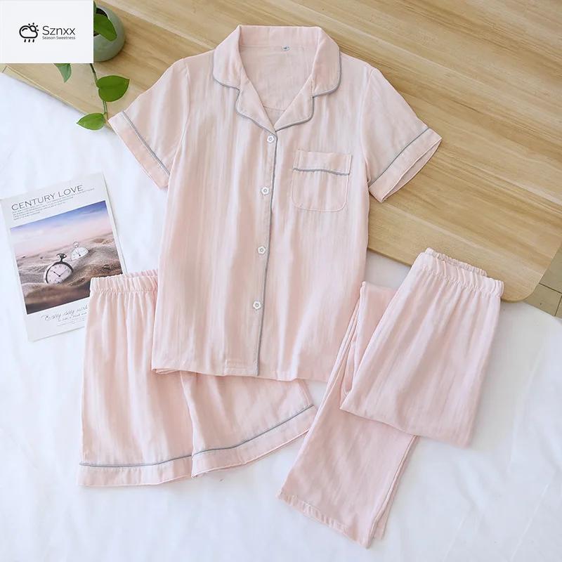 Womens Cotton Gauze Three-piece Loungewear Set