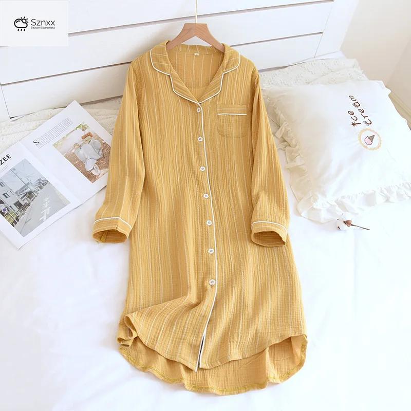 Striped Cotton Knee-length Women’s Long-sleeve Nightgown