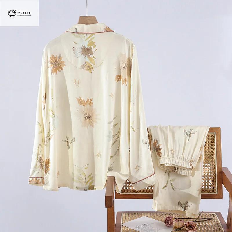 Womens Floral Viscose Long Sleeve Pajama Lounge Set
