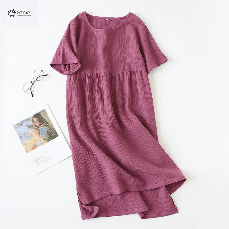 Soft Cotton Gauze Long Nightgown With Round Neck