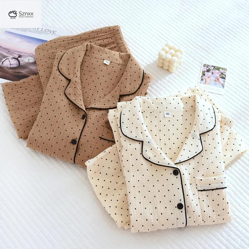 Polka Dot Cotton Crepe Pajama Set Long-sleeve