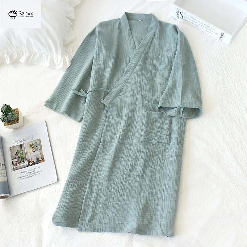 Japanese Cotton Crepe Kimono Robe Summer Nightgown