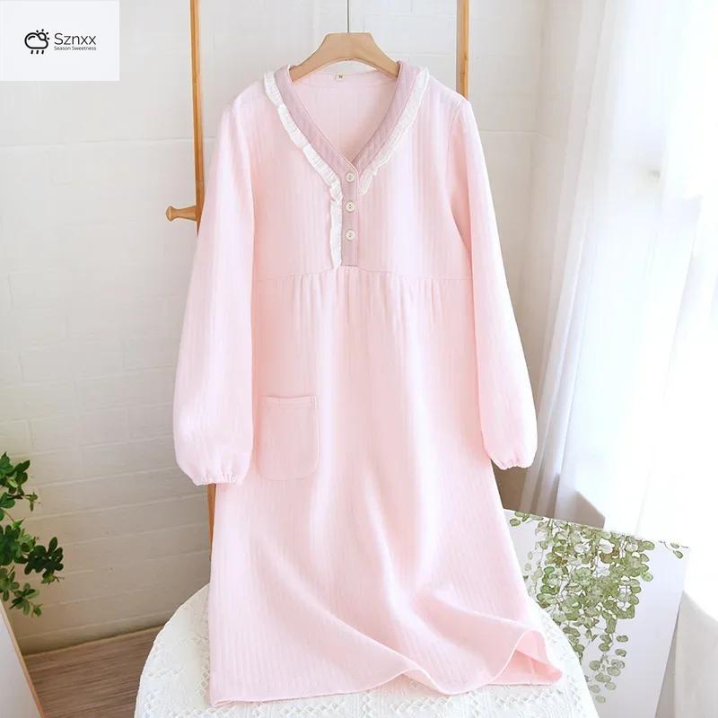 Womens Thermal Cotton Long Sleeve Nightgown Dress