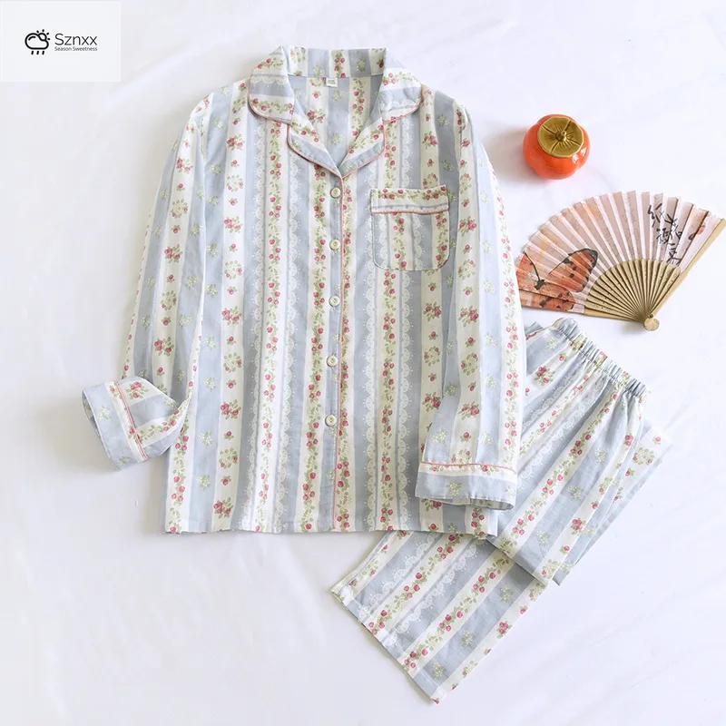Soft Cotton Gauze Long Pajama Set For Women