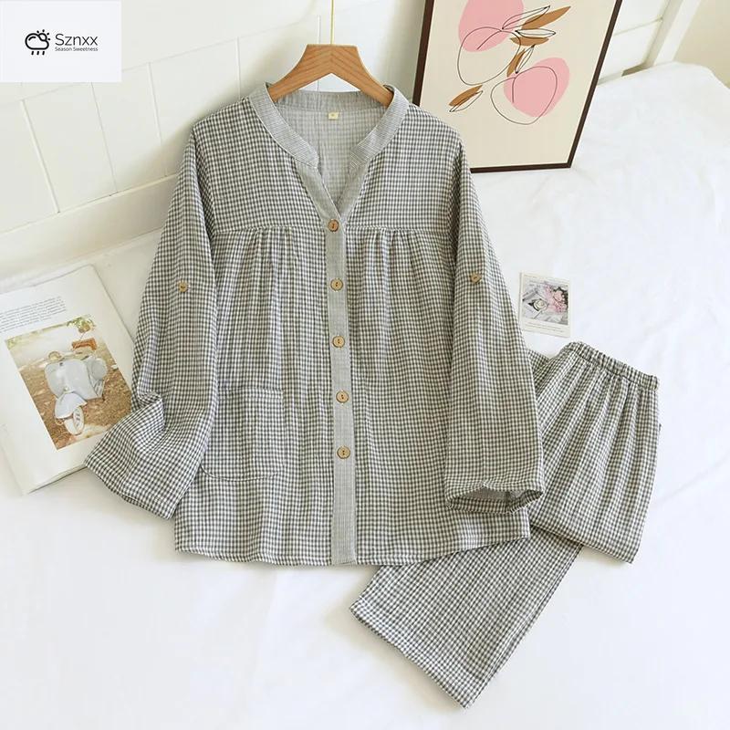 Womens Cotton Plaid Long-sleeve Pajama Set