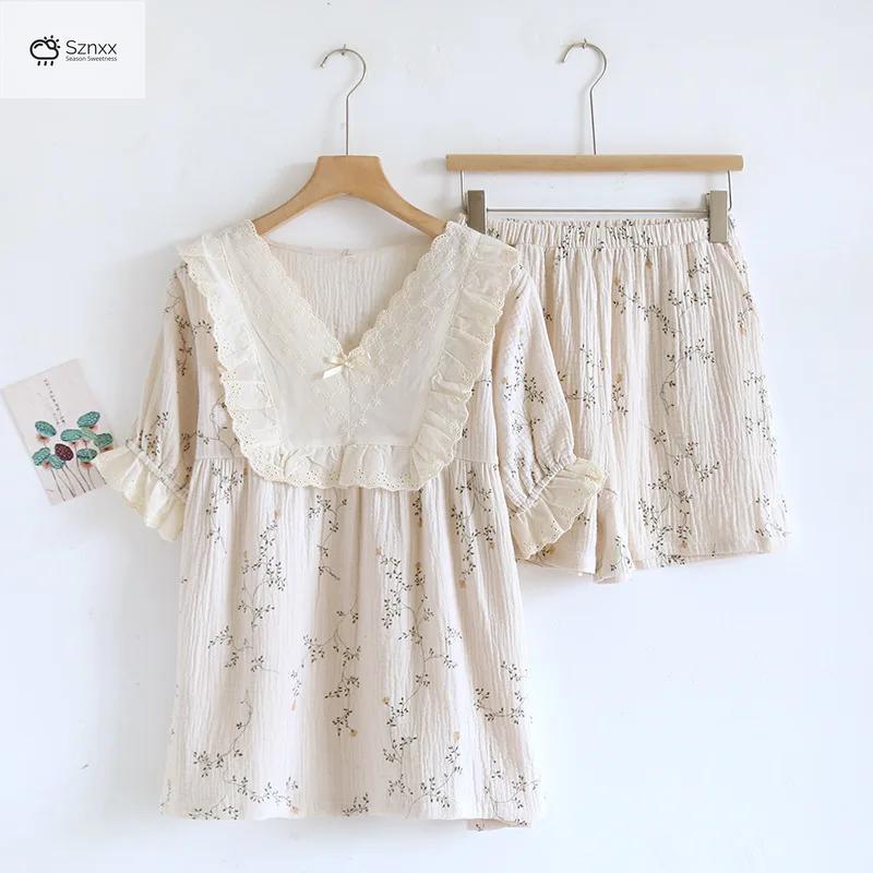 Lace-trimmed Cotton Crepe Short Sleeve Pajama Set