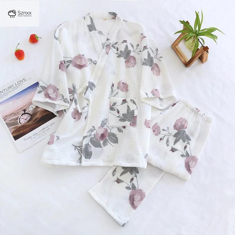 Japanese-inspired Cotton Kimono Pajama Set With Loose Trousers