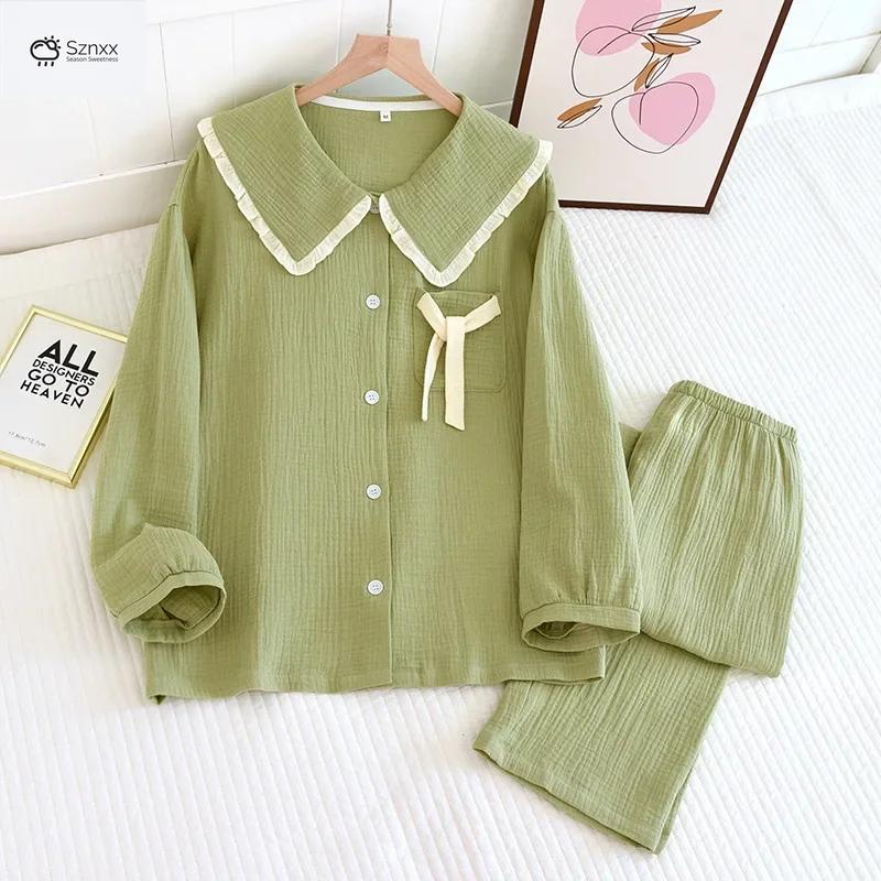 Soft Cotton Crepe Long-sleeve Pajama Lounge Set