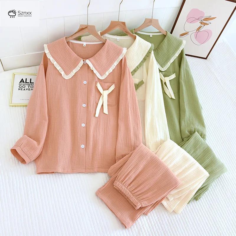 Soft Cotton Crepe Long-sleeve Pajama Lounge Set