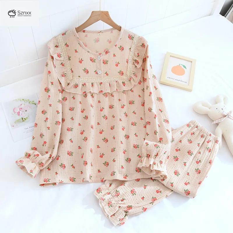 Womens Floral Crepe Pajama Lounge Set Long Sleeve