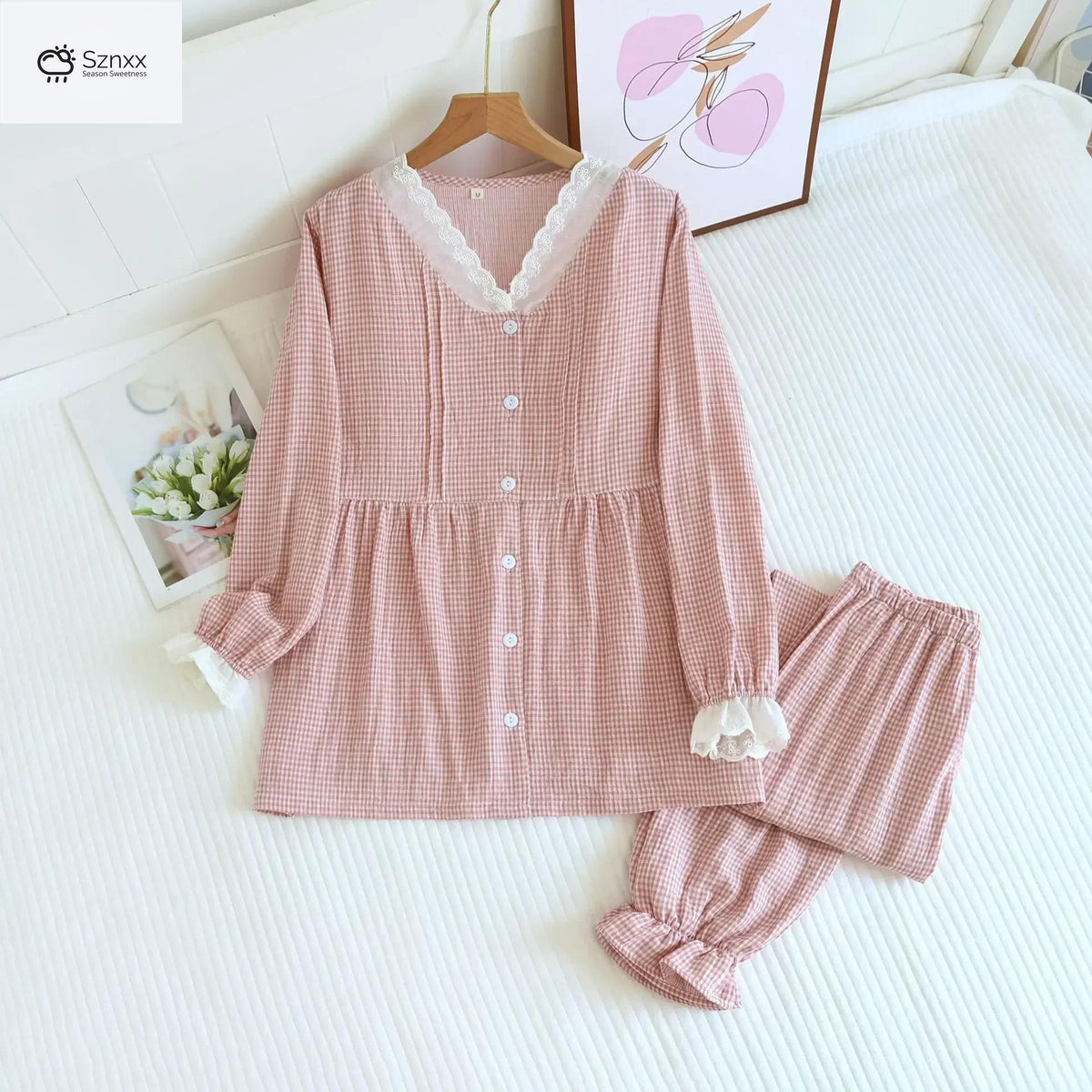 Womens Cotton Grid Pajama Set With Edge Collar