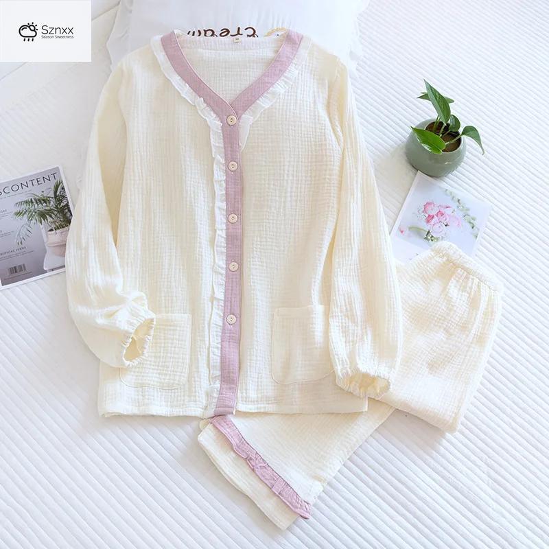 Womens V-neck Cotton Crepe Pajama Lounge Set