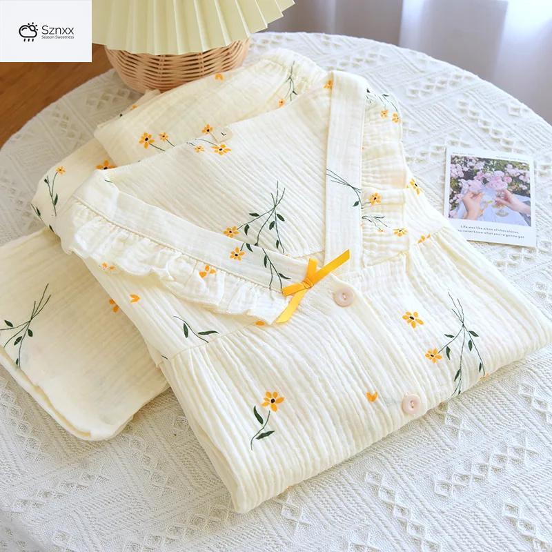 Womens Floral Crepe Cotton Long Sleeve Pajama Set