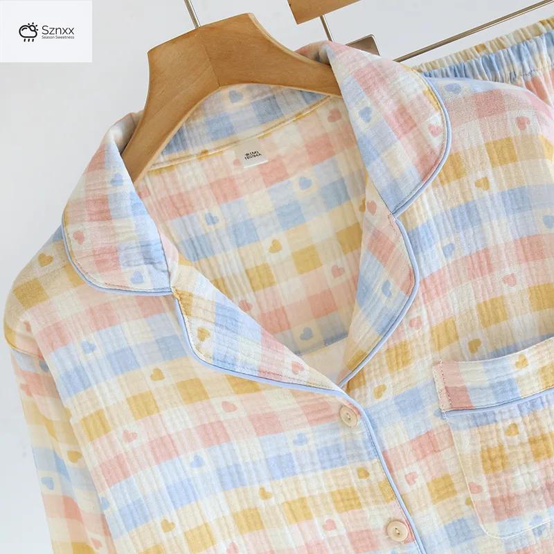Womens Cotton Crepe Plaid Long Sleeve Pajama Set