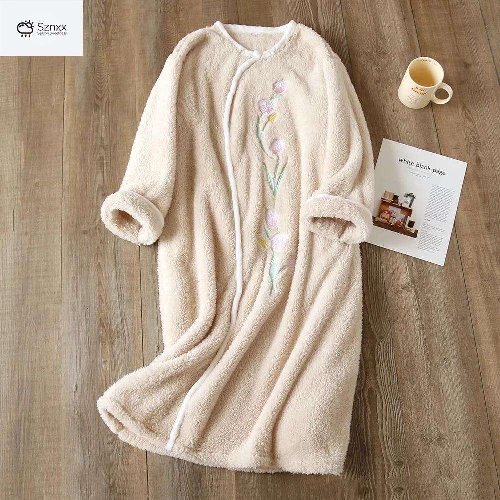 Womens Velvet Flannel Long Bathrobe Nightgown