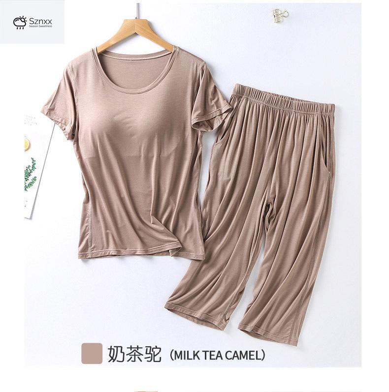 Soft Modal Pajama Set With Chest Pad Cropped Trousers