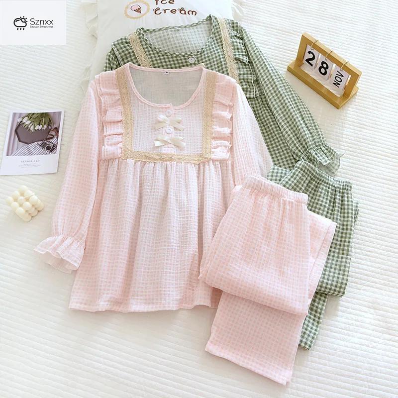Japanese Cotton Plaid Long-sleeve Pajama Set