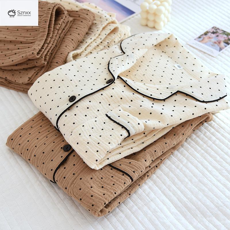 Polka Dot Cotton Crepe Pajama Set Long-sleeve