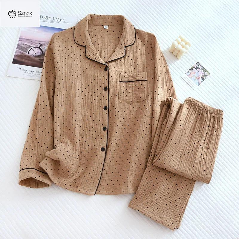 Polka Dot Cotton Crepe Pajama Set Long-sleeve