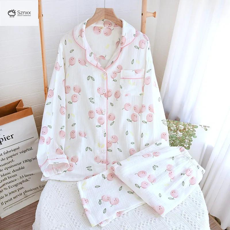 Womens Floral Cotton Long-sleeve Pajama Set
