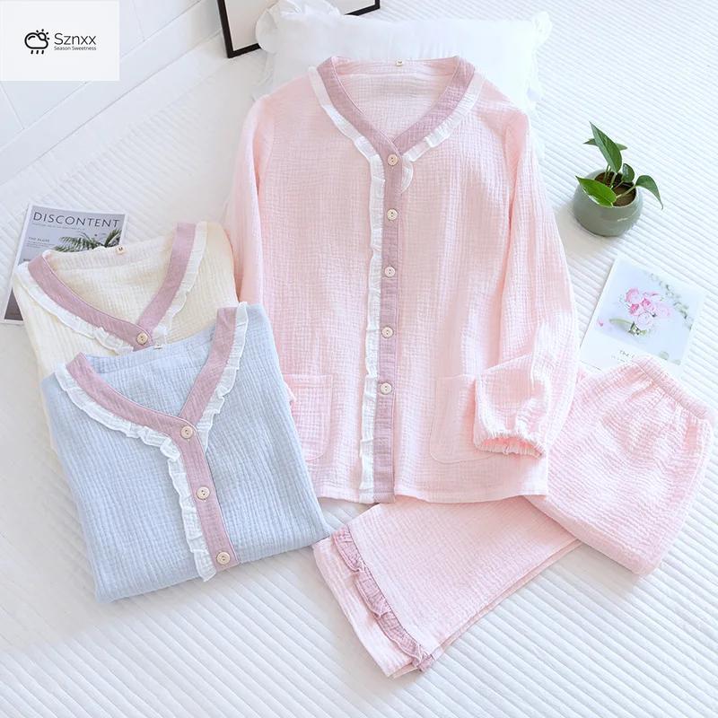 Womens V-neck Cotton Crepe Pajama Lounge Set